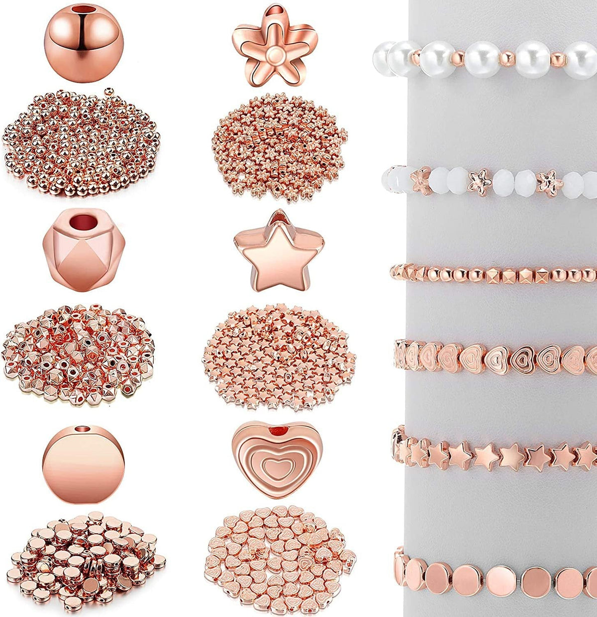 Close-up of luxury spacer beads assortment in gold, silver, and rose gold