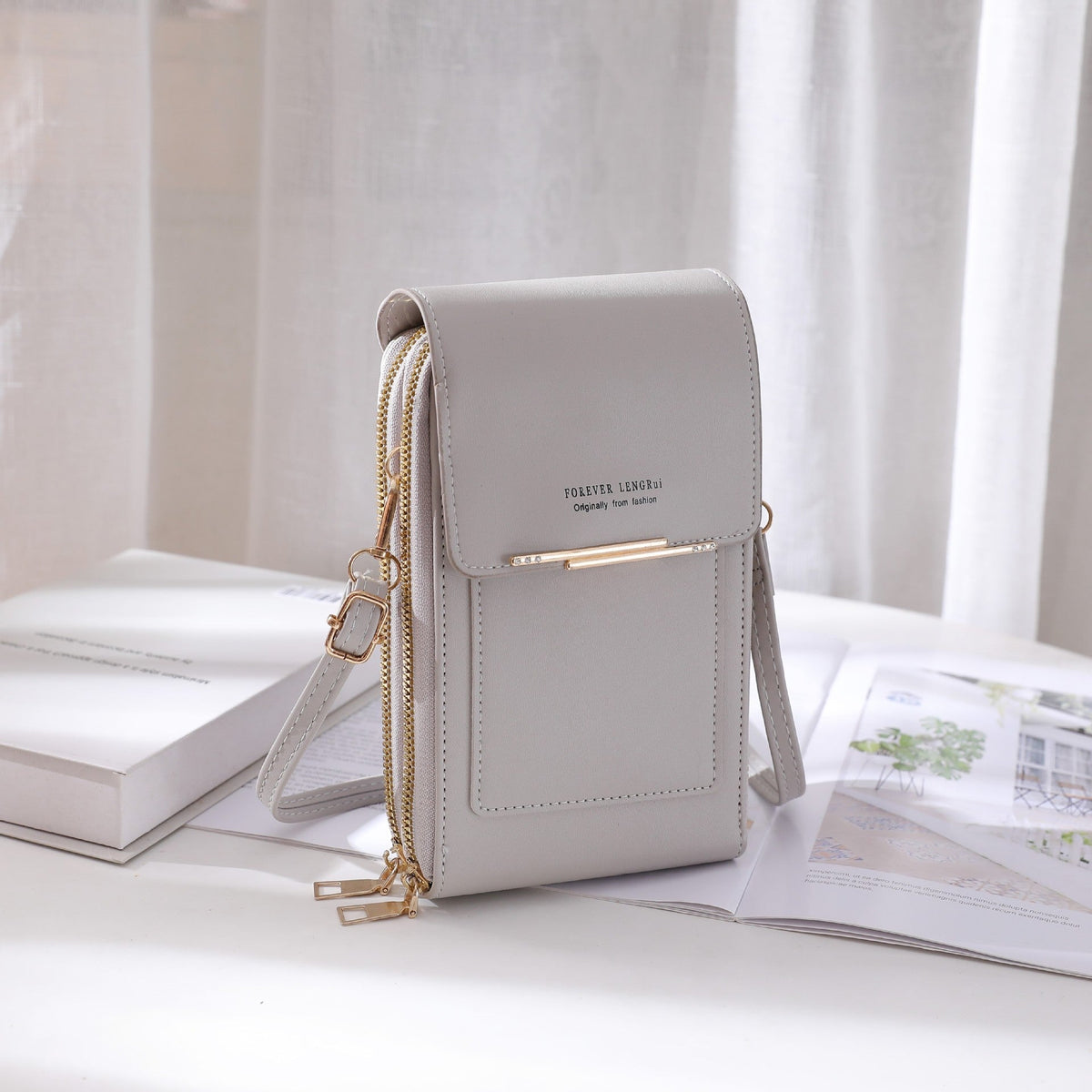 Trendy gray PU handbag with multiple pockets